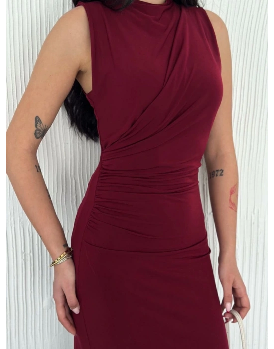 Yandan Buzgulu Kolsuz Yırtmaçlı Uzun Elbise  Bordo