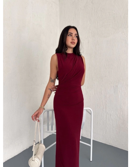 Yandan Buzgulu Kolsuz Yırtmaçlı Uzun Elbise  Bordo