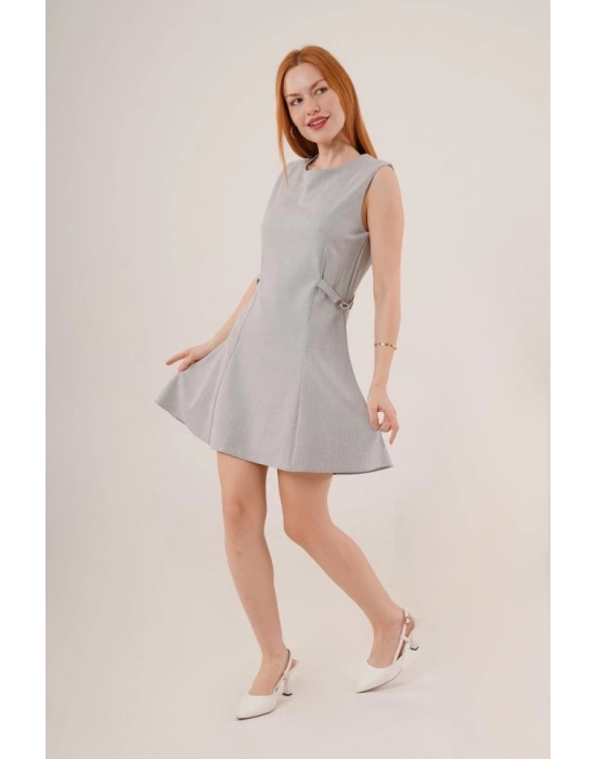 Yanları Zincir Detaylı ıfır Kol Gri Mini Elbise