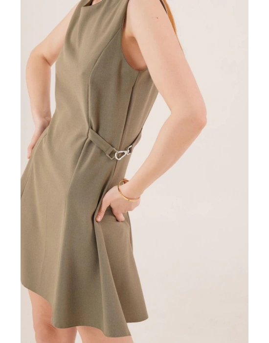 Yanları Zincir Detaylı ıfır Kol Haki Mini Elbise