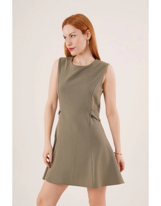 Yanları Zincir Detaylı ıfır Kol Haki Mini Elbise