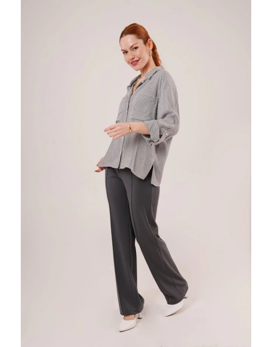 Yarasa Kol Çizgili Cep Detaylı Gri Gömlek