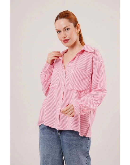 Yarasa Kol Çizgili Cep Detaylı Pembe Gömlek