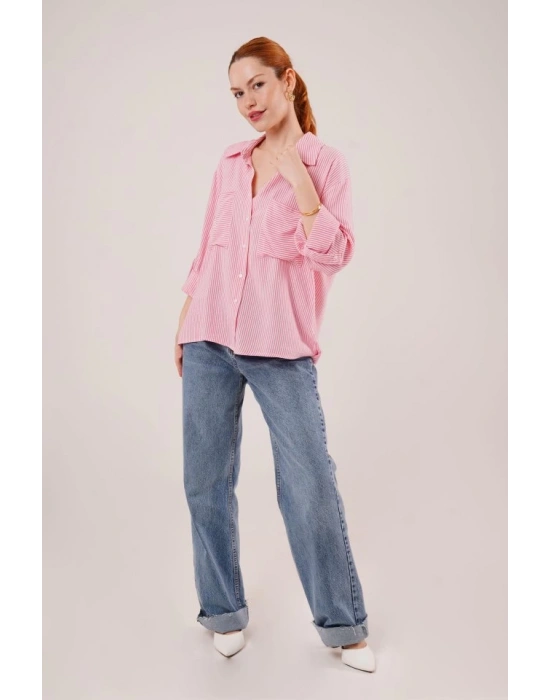 Yarasa Kol Çizgili Cep Detaylı Pembe Gömlek