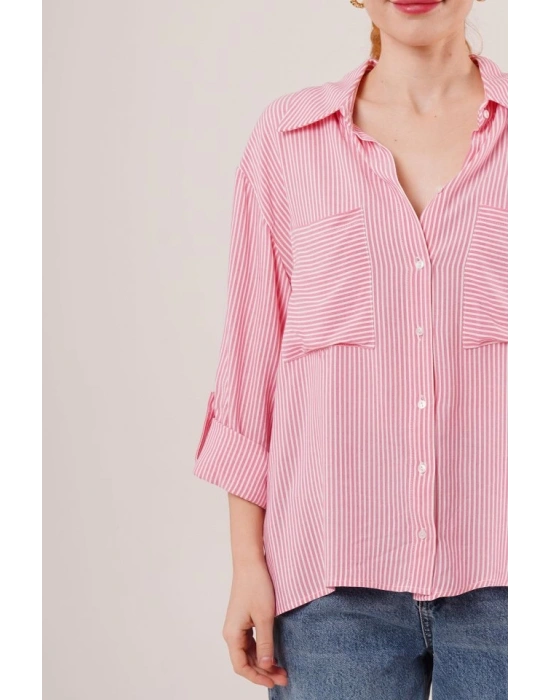 Yarasa Kol Çizgili Cep Detaylı Pembe Gömlek