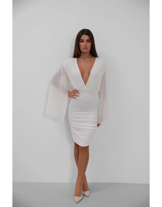 Yarasa Kol Kruvaze Sırt Dekolteli Pullu Elbise