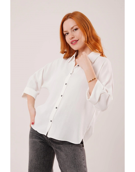 Yarasa Kol Rahat Kalıp Beyaz Gömlek