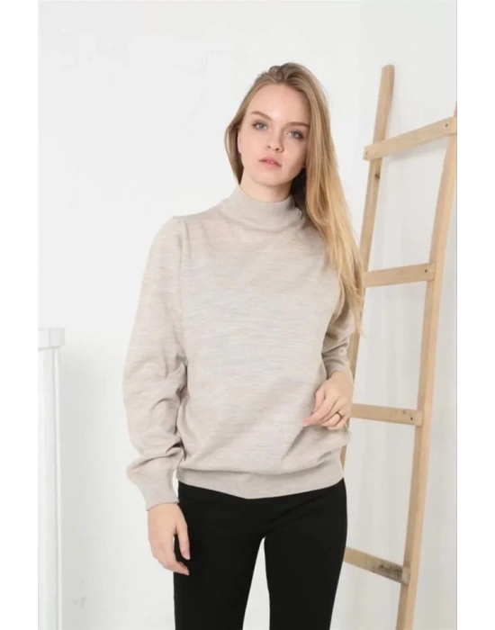 Yarım Balıkçı Yaka Triko Kazak  Bej