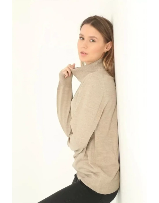 Yarım Balıkçı Yaka Triko Kazak  Bej