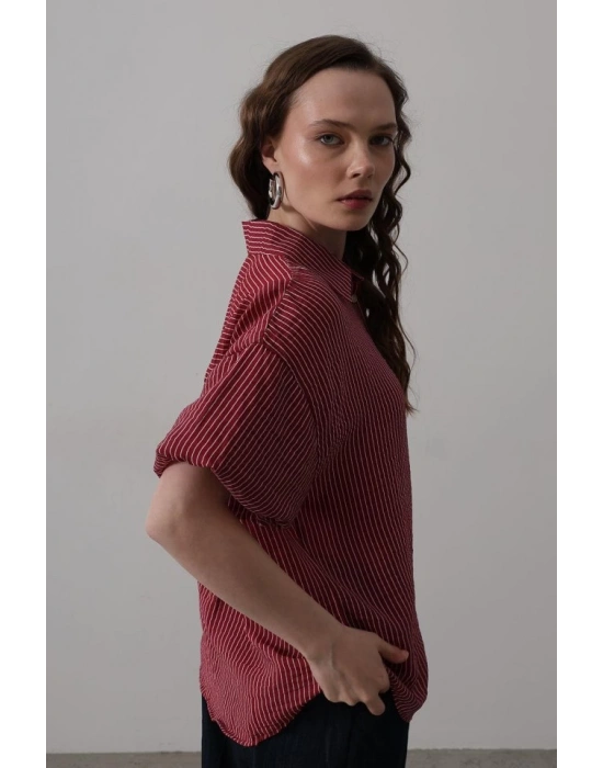 Yarım Balon Kol Çizgili Gömlek  Bordo