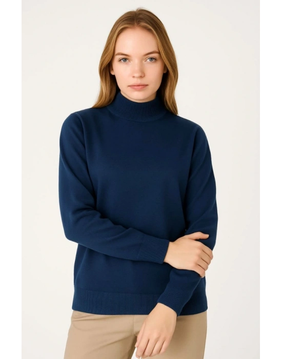 Yarım Boğaz Triko Kazak Yumuşak Dokulu Pamuklu Ince Dokuma, Uzun Kollu Rahat Regular Kalıp  acivert