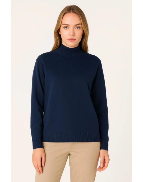 Yarım Boğaz Triko Kazak Yumuşak Dokulu Pamuklu Ince Dokuma, Uzun Kollu Rahat Regular Kalıp  acivert