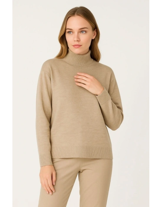 Yarım Boğaz Triko Kazak Yumuşak Dokulu Pamuklu Ince Dokuma, Uzun Kollu Rahat Regular Kalıp  Bej