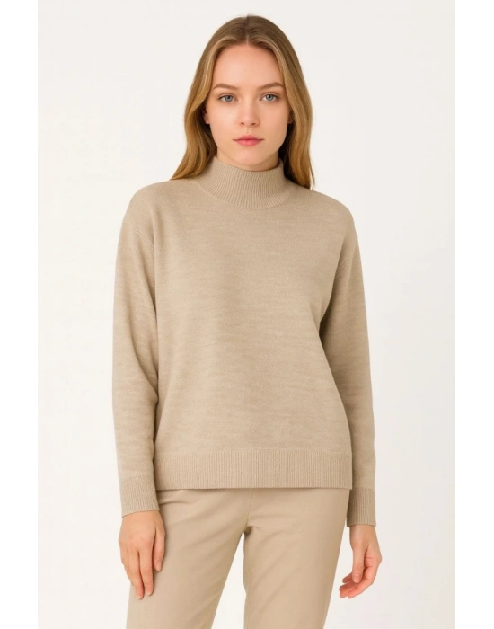 Yarım Boğaz Triko Kazak Yumuşak Dokulu Pamuklu Ince Dokuma, Uzun Kollu Rahat Regular Kalıp  Bej