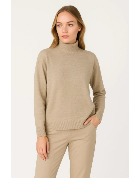 Yarım Boğaz Triko Kazak Yumuşak Dokulu Pamuklu Ince Dokuma, Uzun Kollu Rahat Regular Kalıp  Bej