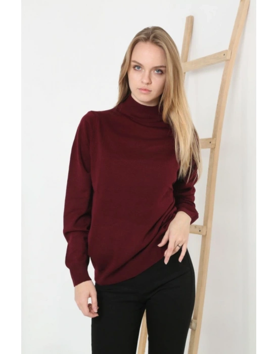 Yarım Boğaz Triko Kazak Yumuşak Dokulu Pamuklu Ince Dokuma, Uzun Kollu Rahat Regular Kalıp  Bordo