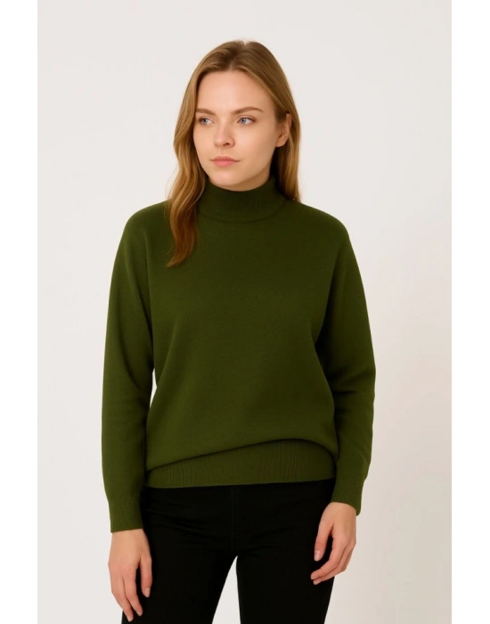 Yarım Boğaz Triko Kazak Yumuşak Dokulu Pamuklu Ince Dokuma, Uzun Kollu Rahat Regular Kalıp  Haki