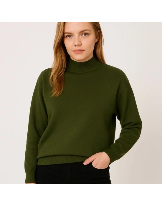 Yarım Boğaz Triko Kazak Yumuşak Dokulu Pamuklu Ince Dokuma, Uzun Kollu Rahat Regular Kalıp  Haki