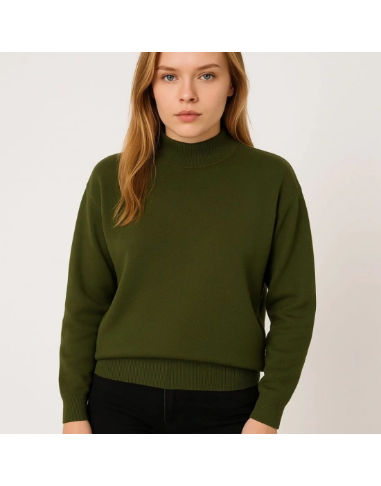 Yarım Boğaz Triko Kazak Yumuşak Dokulu Pamuklu Ince Dokuma, Uzun Kollu Rahat Regular Kalıp  Haki