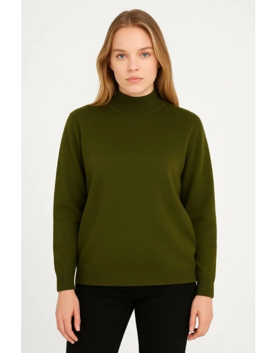 Yarım Boğaz Triko Kazak Yumuşak Dokulu Pamuklu Ince Dokuma, Uzun Kollu Rahat Regular Kalıp  Haki