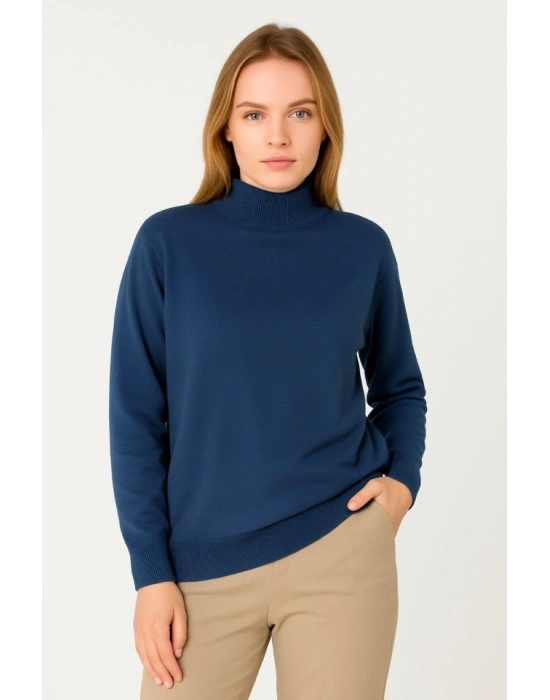 Yarım Boğaz Triko Kazak Yumuşak Dokulu Pamuklu Ince Dokuma, Uzun Kollu Rahat Regular Kalıp  İndigo