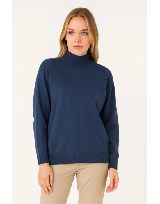 Yarım Boğaz Triko Kazak Yumuşak Dokulu Pamuklu Ince Dokuma, Uzun Kollu Rahat Regular Kalıp  İndigo