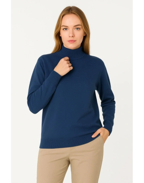 Yarım Boğaz Triko Kazak Yumuşak Dokulu Pamuklu Ince Dokuma, Uzun Kollu Rahat Regular Kalıp  İndigo