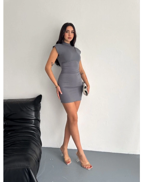 Yarım Bogazlı Kolsuz ini Boy Elbise  Gri