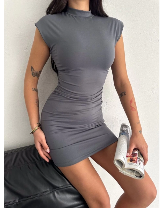 Yarım Bogazlı Kolsuz ini Boy Elbise  Gri