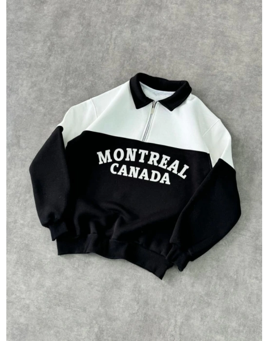 Yarım Fermuarlı Parçalı Yakalı SweatShirt  Siyah