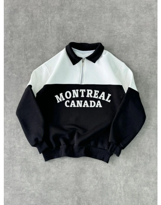 Yarım Fermuarlı Parçalı Yakalı SweatShirt  Siyah