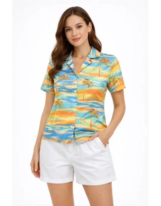 Yazlık Tropikal Desenli Gömlek Şort Takım Rahat Kalıp Tatil Kombin   Desenli