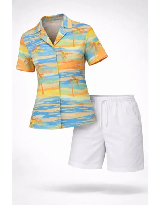 Yazlık Tropikal Desenli Gömlek Şort Takım Rahat Kalıp Tatil Kombin   Desenli