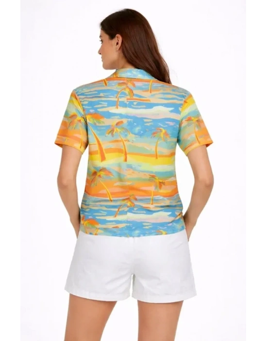 Yazlık Tropikal Desenli Gömlek Şort Takım Rahat Kalıp Tatil Kombin   Desenli