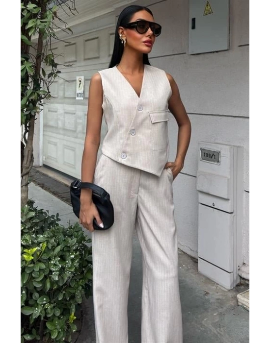 Yeleği Çapraz Detay Düğmeli Cepli Yelekli Takım 10150