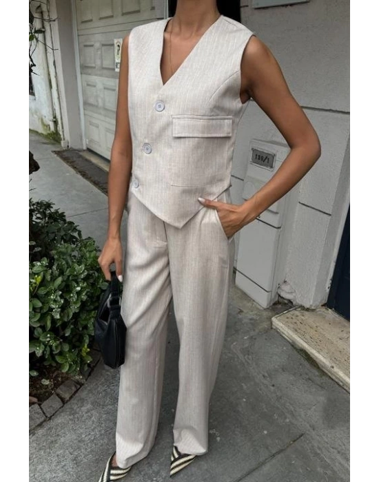 Yeleği Çapraz Detay Düğmeli Cepli Yelekli Takım 10150