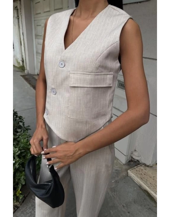 Yeleği Çapraz Detay Düğmeli Cepli Yelekli Takım 10150