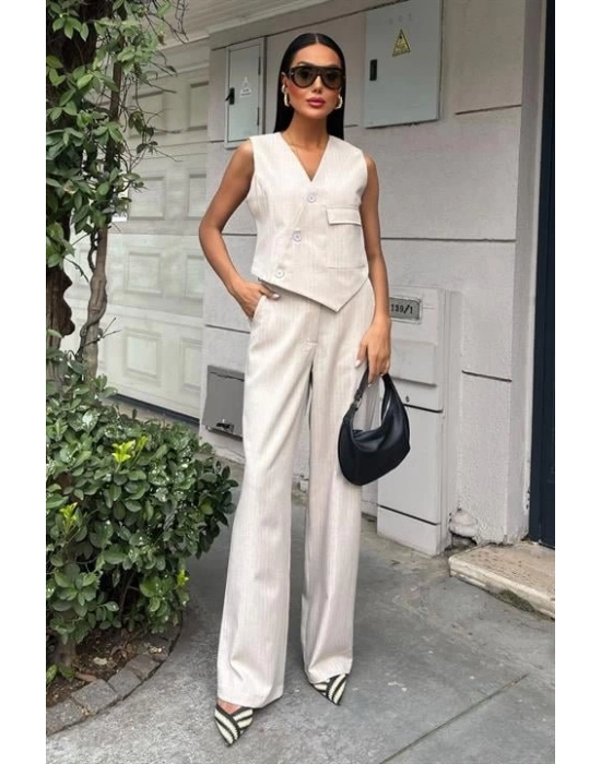 Yeleği Çapraz Detay Düğmeli Cepli Yelekli Takım 10150