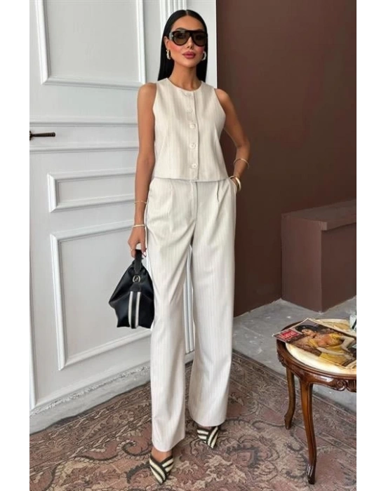 Yelek Plazzo Pantolon Çizgili Flamlı Poliviscon Takım 10178