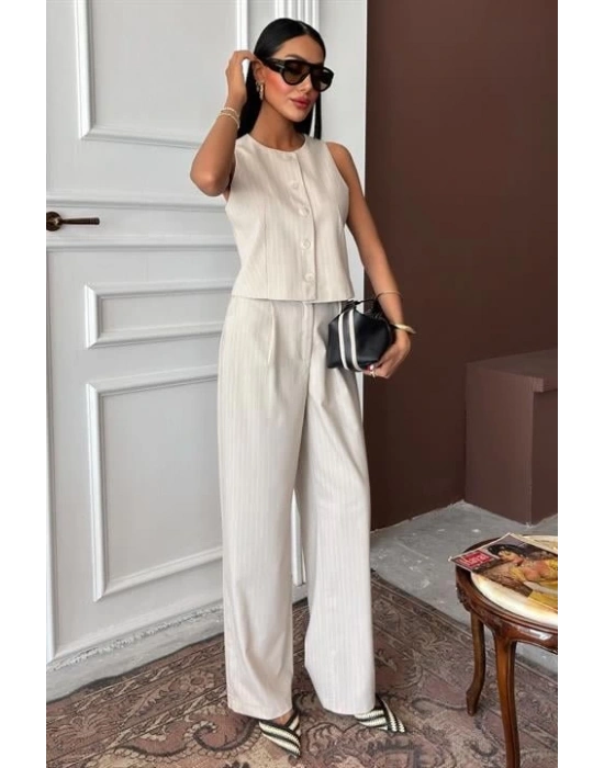 Yelek Plazzo Pantolon Çizgili Flamlı Poliviscon Takım 10178