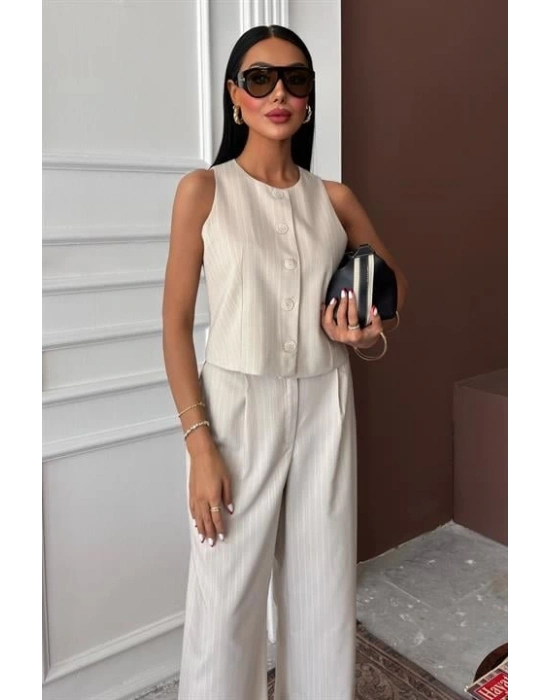 Yelek Plazzo Pantolon Çizgili Flamlı Poliviscon Takım 10178
