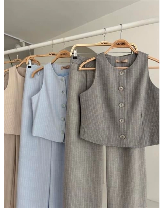 Yelek Plazzo Pantolon Çizgili Flamlı Poliviscon Takım 10178