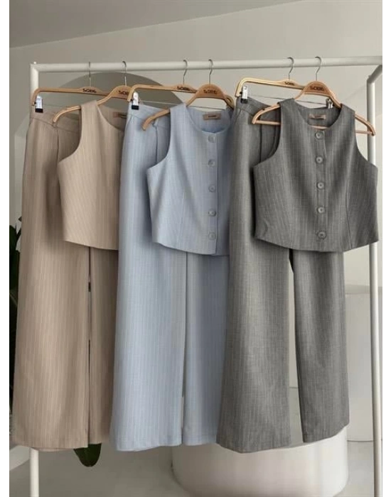 Yelek Plazzo Pantolon Çizgili Flamlı Poliviscon Takım 10178