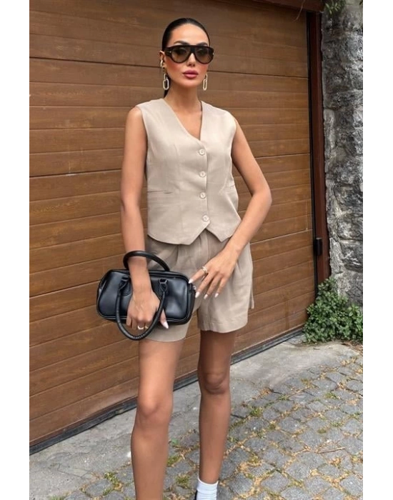 Yelek Şort Flamlı Keten Takım 1013317