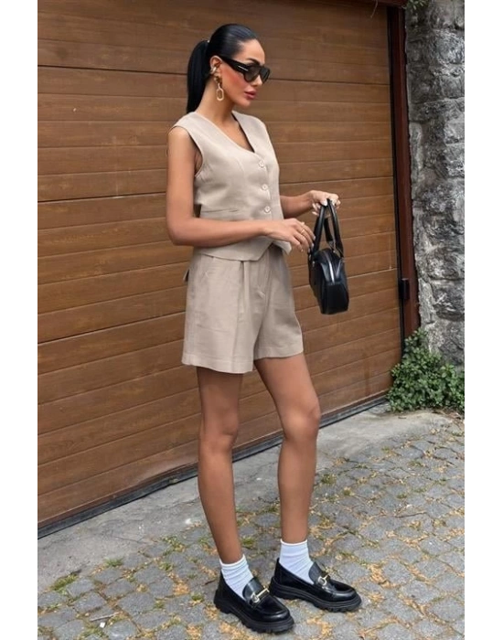 Yelek Şort Flamlı Keten Takım 1013317