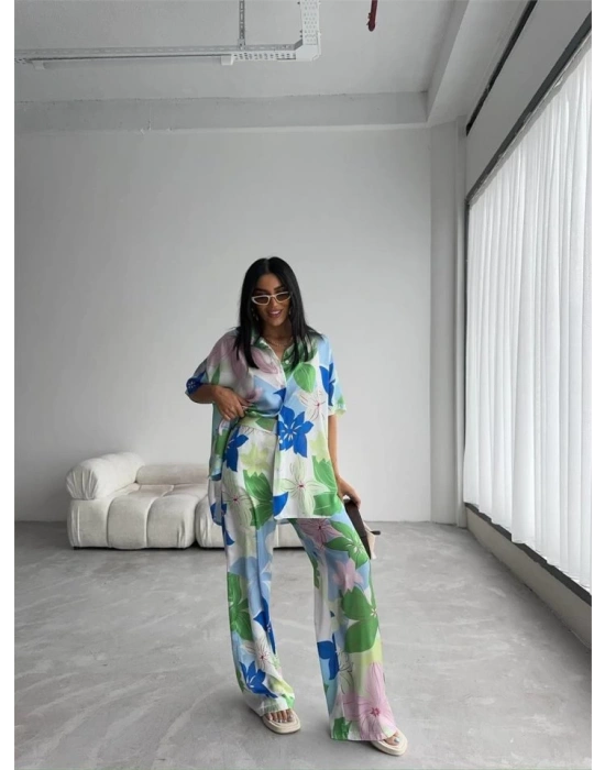 YEŞİL BÜYÜK ÇİÇEK DEEN ATEN GÖLEKPANTOLON TAKI  Yeşil