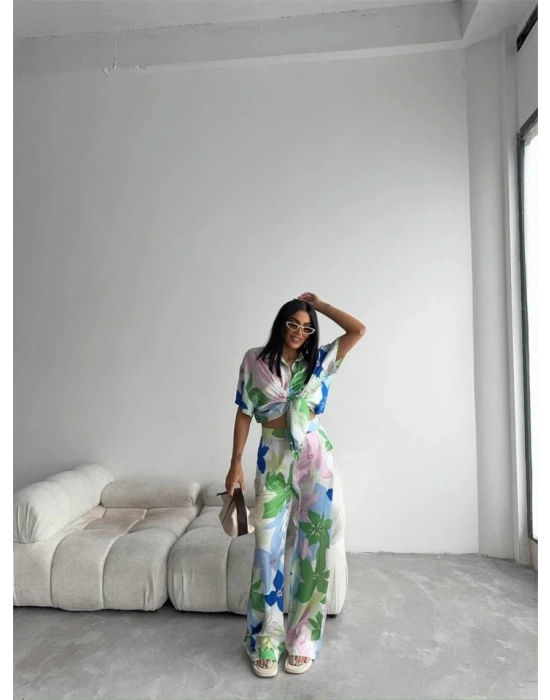 YEŞİL BÜYÜK ÇİÇEK DEEN ATEN GÖLEKPANTOLON TAKI  Yeşil