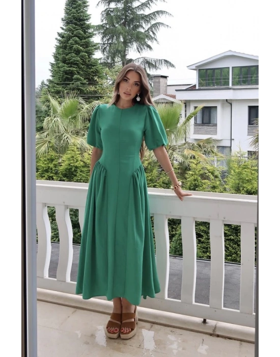 Yeşil Arkadan Bağlamalı Büzgülü Keten Elbise