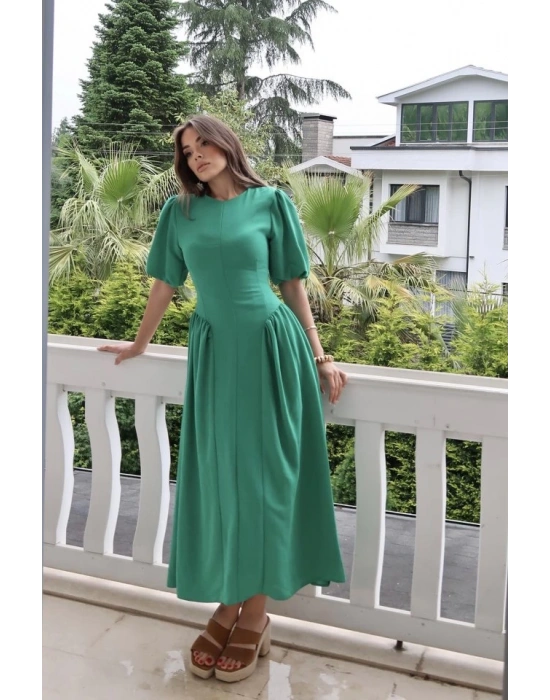 Yeşil Arkadan Bağlamalı Büzgülü Keten Elbise