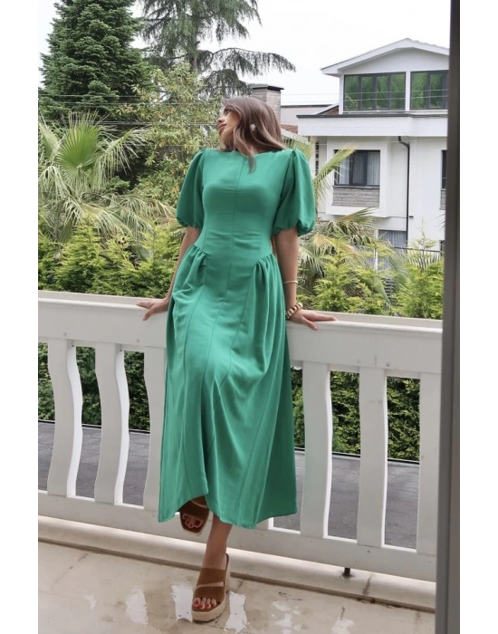 Yeşil Arkadan Bağlamalı Büzgülü Keten Elbise